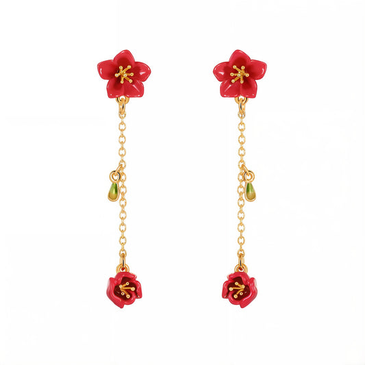 Red Begonia Flower Tassel Earrings